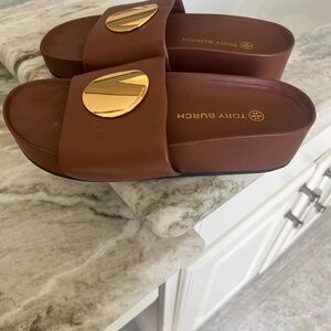 Tory Burch Patos Brown Slides with Gold Detail
